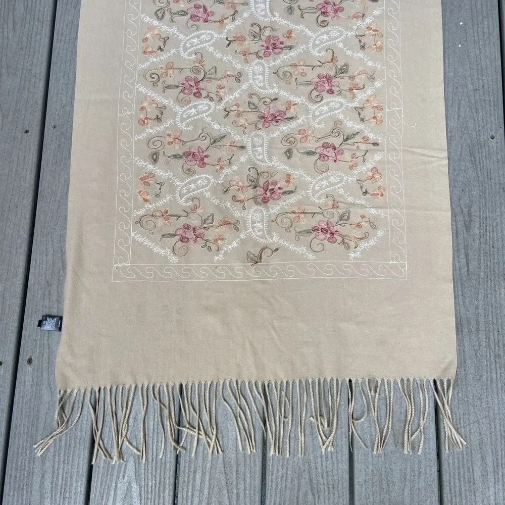 La Seine Embroidered Beige Floral Fringed Oversized Wrap Scarf Soft Luxurious